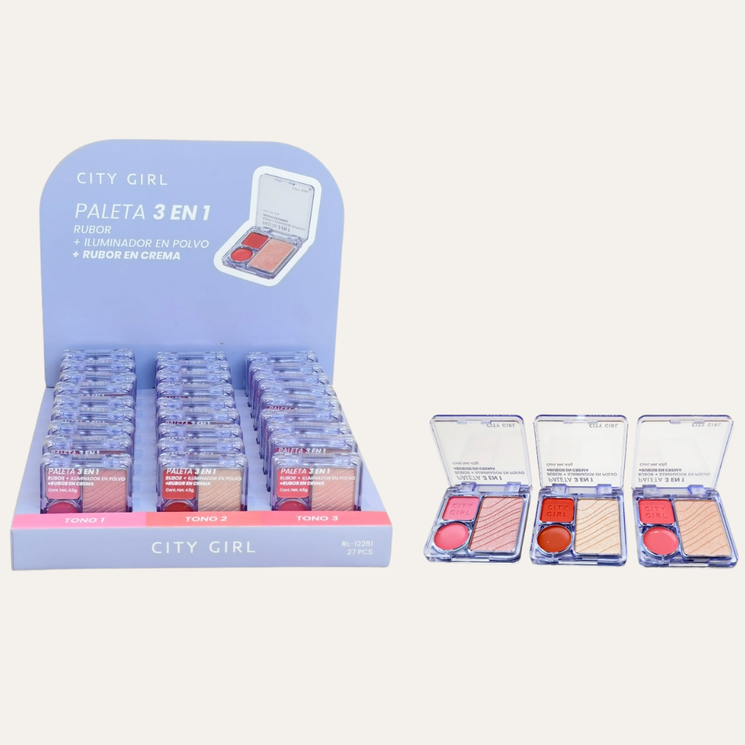 PALETA 3 EN 1 RUBOR EN POLVO – ILUMINADOR – RUBOR EN CREMA - CITY GIRL